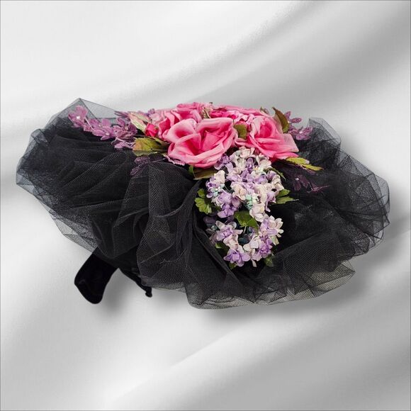 Vintage Mme. Poswolsky NY Black Tulle Derby Hat Roses & Rhinestones 1950s RARE main image 12
